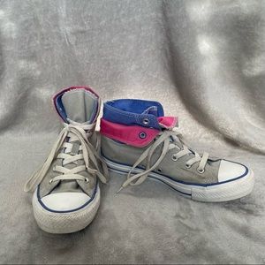 grey, purple, pink high top converse